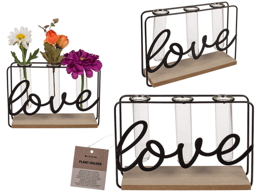 Metal plant holder on wooden base, Love,