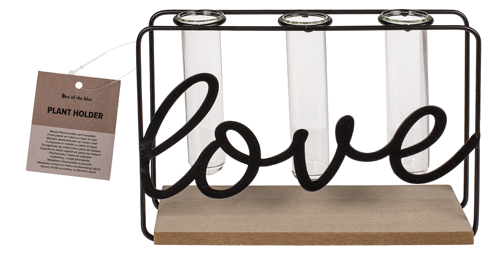 Metal plant holder on wooden base, Love,