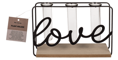 Metal plant holder on wooden base, Love,