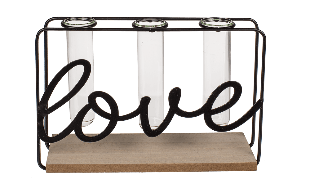 Metal plant holder on wooden base, Love,