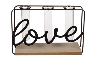 Metal plant holder on wooden base, Love,