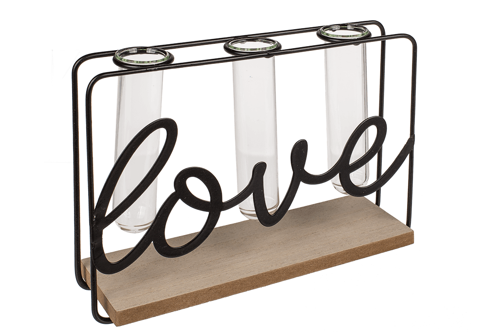 Metal plant holder on wooden base, Love,