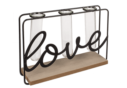 Metal plant holder on wooden base, Love,