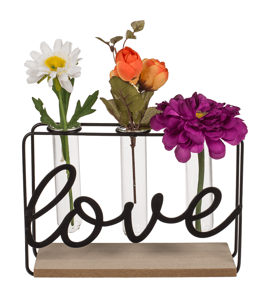 Metal plant holder on wooden base, Love,