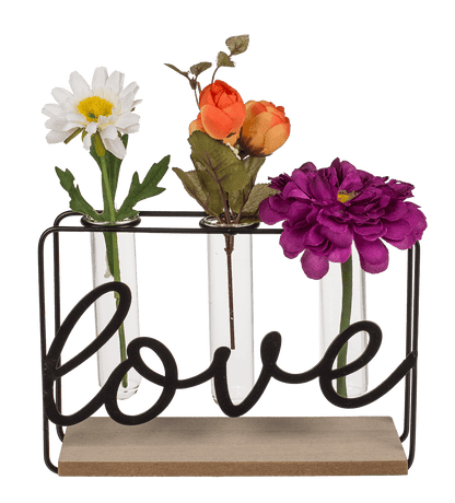Metal plant holder on wooden base, Love,