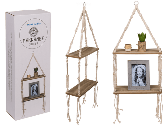 Wooden wall shelf with macrame,