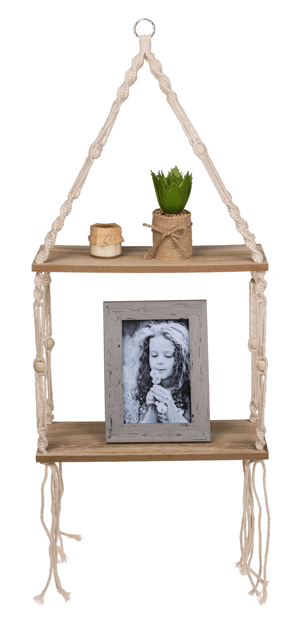 Wooden wall shelf with macrame,