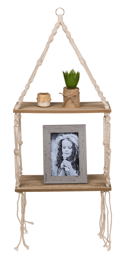 Wooden wall shelf with macrame,