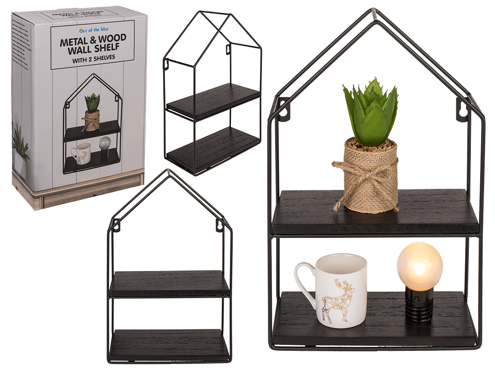 Metal-/wooden wall shelf, with 2 floors,