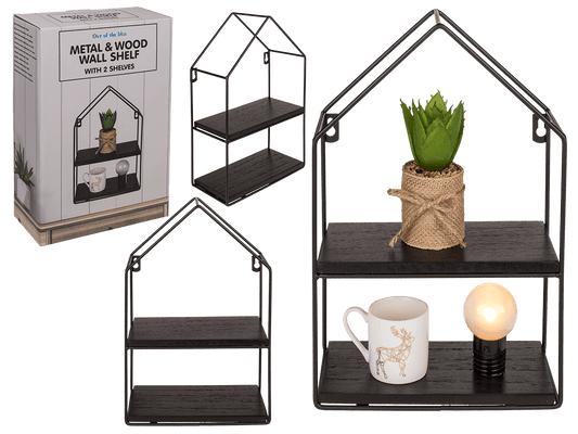 Metal-/wooden wall shelf, with 2 floors,
