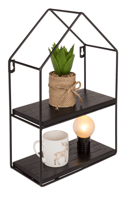 Metal-/wooden wall shelf, with 2 floors,