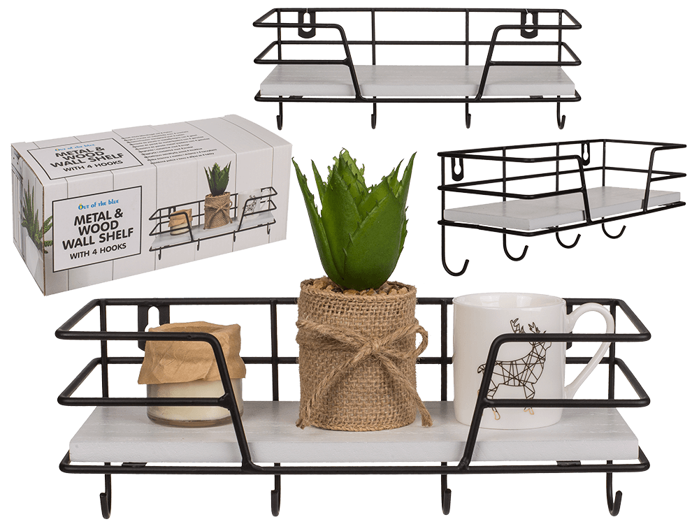 Metal/Wooden all shelf with 4 hooks,