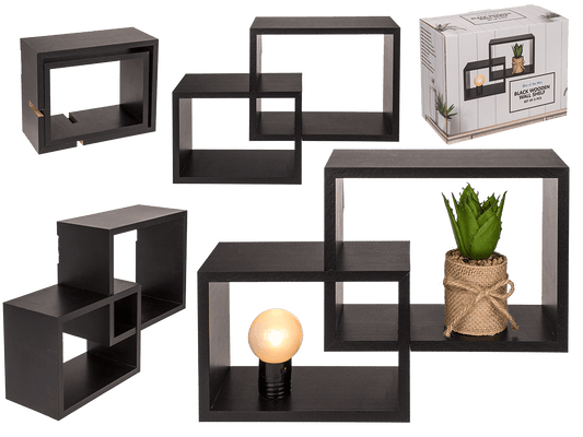 Black wooden wall shelf, Set of 2 pcs,