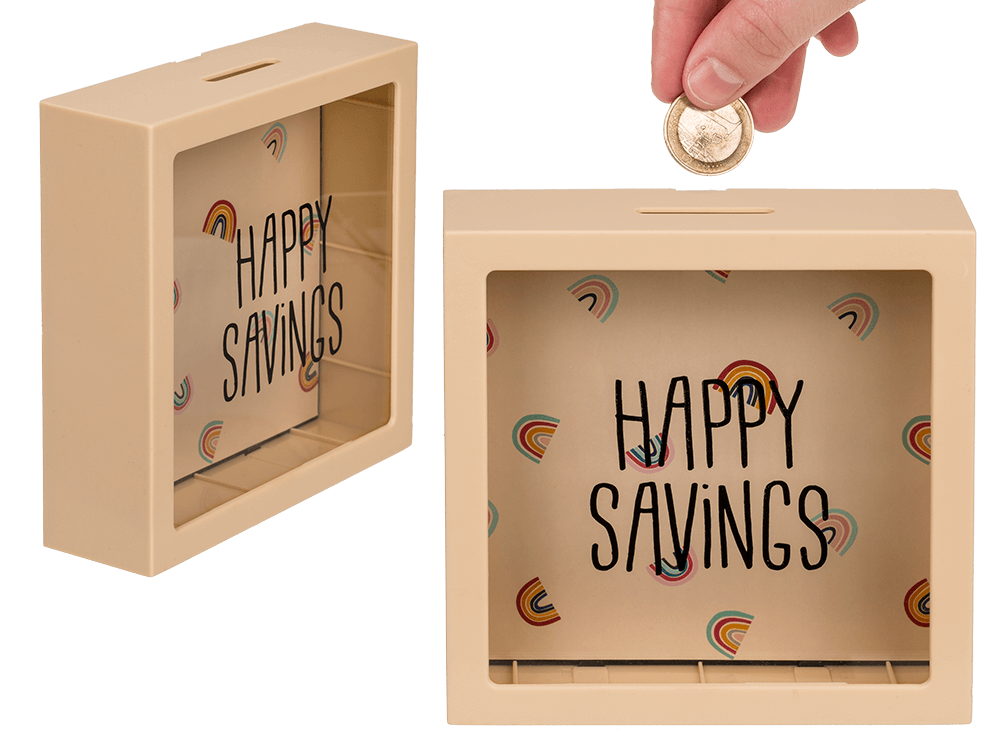 Cream coloured plastic saving box with rainbows,