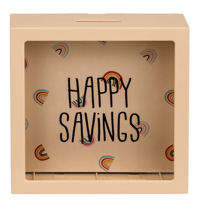 Cream coloured plastic saving box with rainbows,