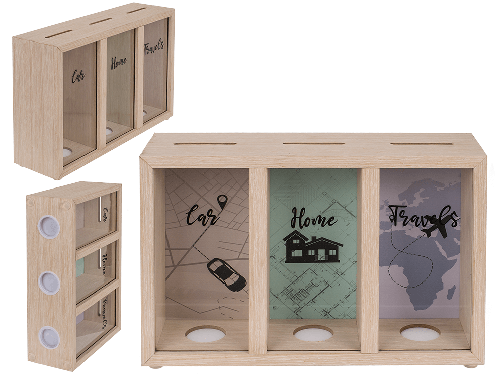 Wooden saving box with 3 boxes, Car/Home/Travels,