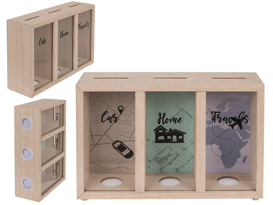 Wooden saving box with 3 boxes, Car/Home/Travels,