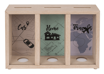 Wooden saving box with 3 boxes, Car/Home/Travels,