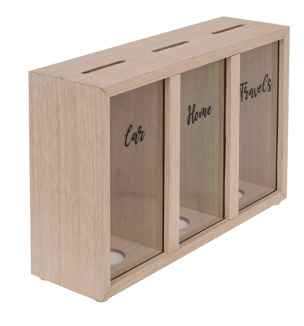 Wooden saving box with 3 boxes, Car/Home/Travels,