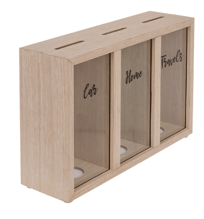 Wooden saving box with 3 boxes, Car/Home/Travels,