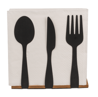 Black metal tissue holder, cutlery, with wooden