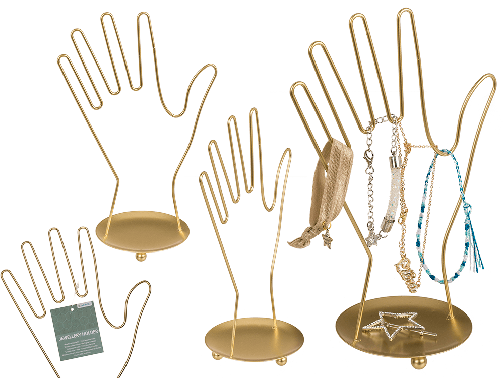 Golden metal jewellery holder, Hand, ca. 16 x 10