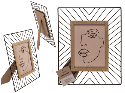 Black metal photo frame with wooden decor,