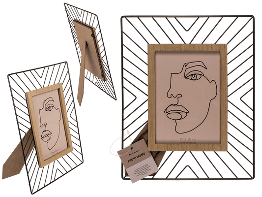 Black metal photo frame with wooden decor,