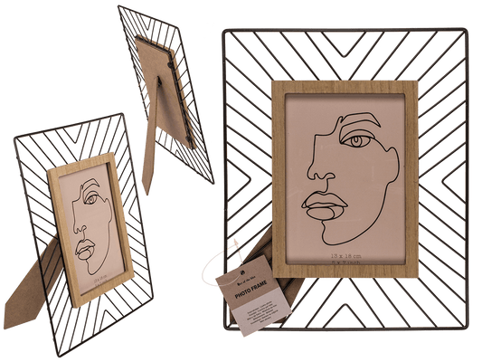 Black metal photo frame with wooden decor,