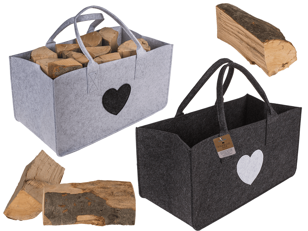 Grey felt bag for wood, with heart,