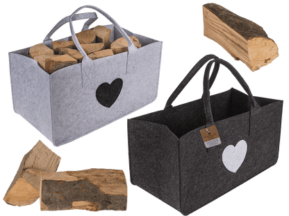 Grey felt bag for wood, with heart,