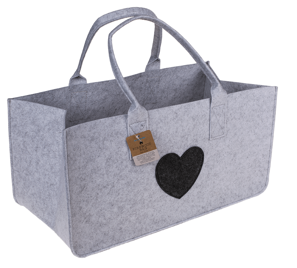 Grey felt bag for wood, with heart,