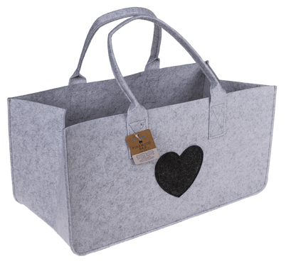 Grey felt bag for wood, with heart,