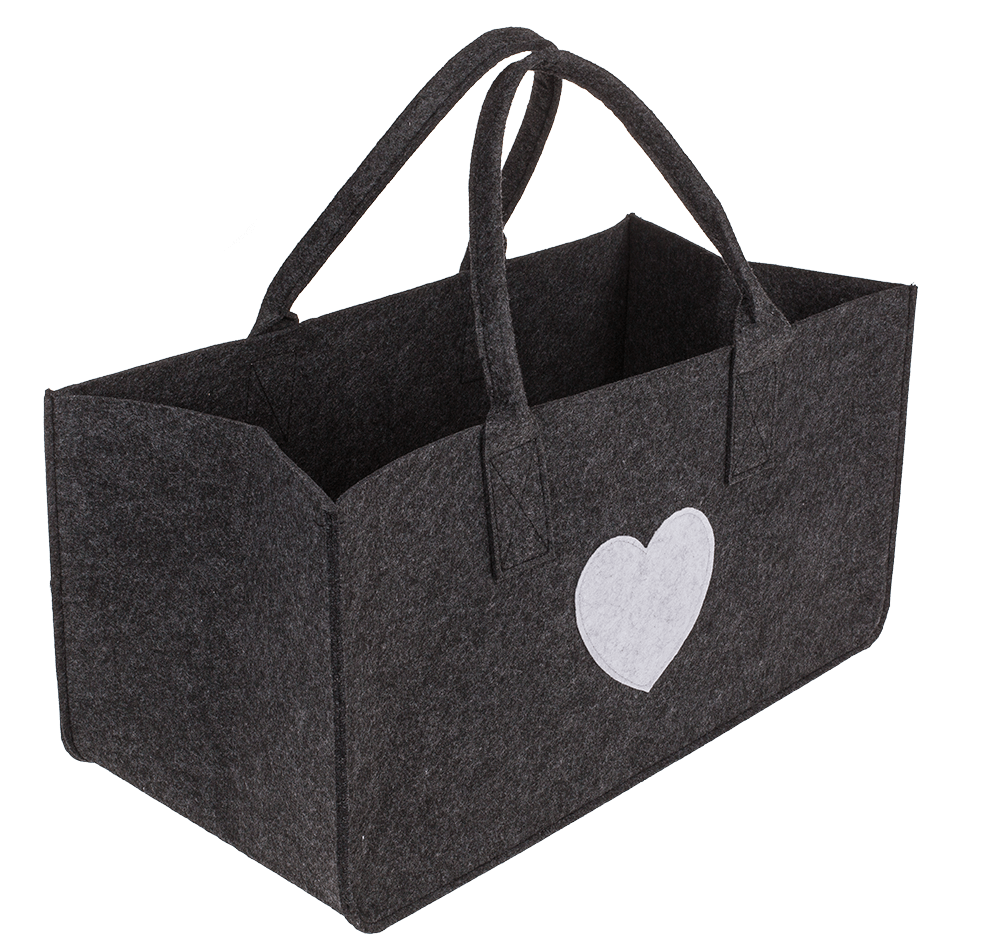 Grey felt bag for wood, with heart,