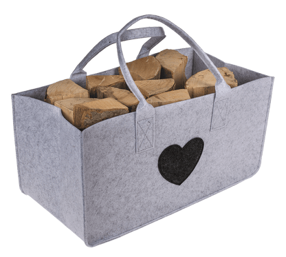 Grey felt bag for wood, with heart,