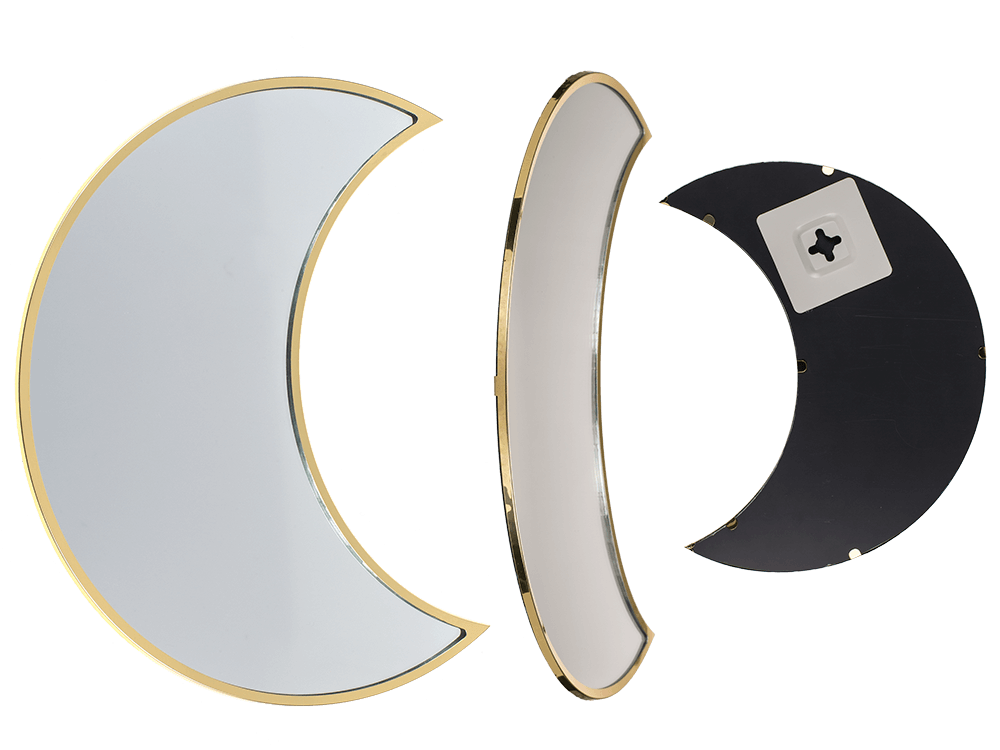 Moon shaped mirror, with golden metal frame,