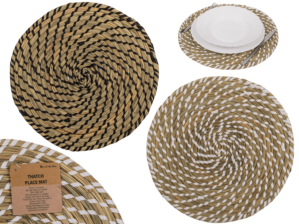 144449_000.png Ronde riet placemat van ca. 32 cm, in natuurlijke stijl, met een spiraalpatroon in twee assorti kleuren.