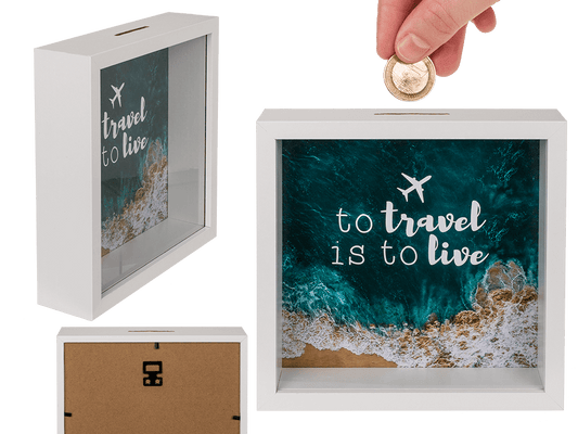 Wooden saving box, To travel is to live,