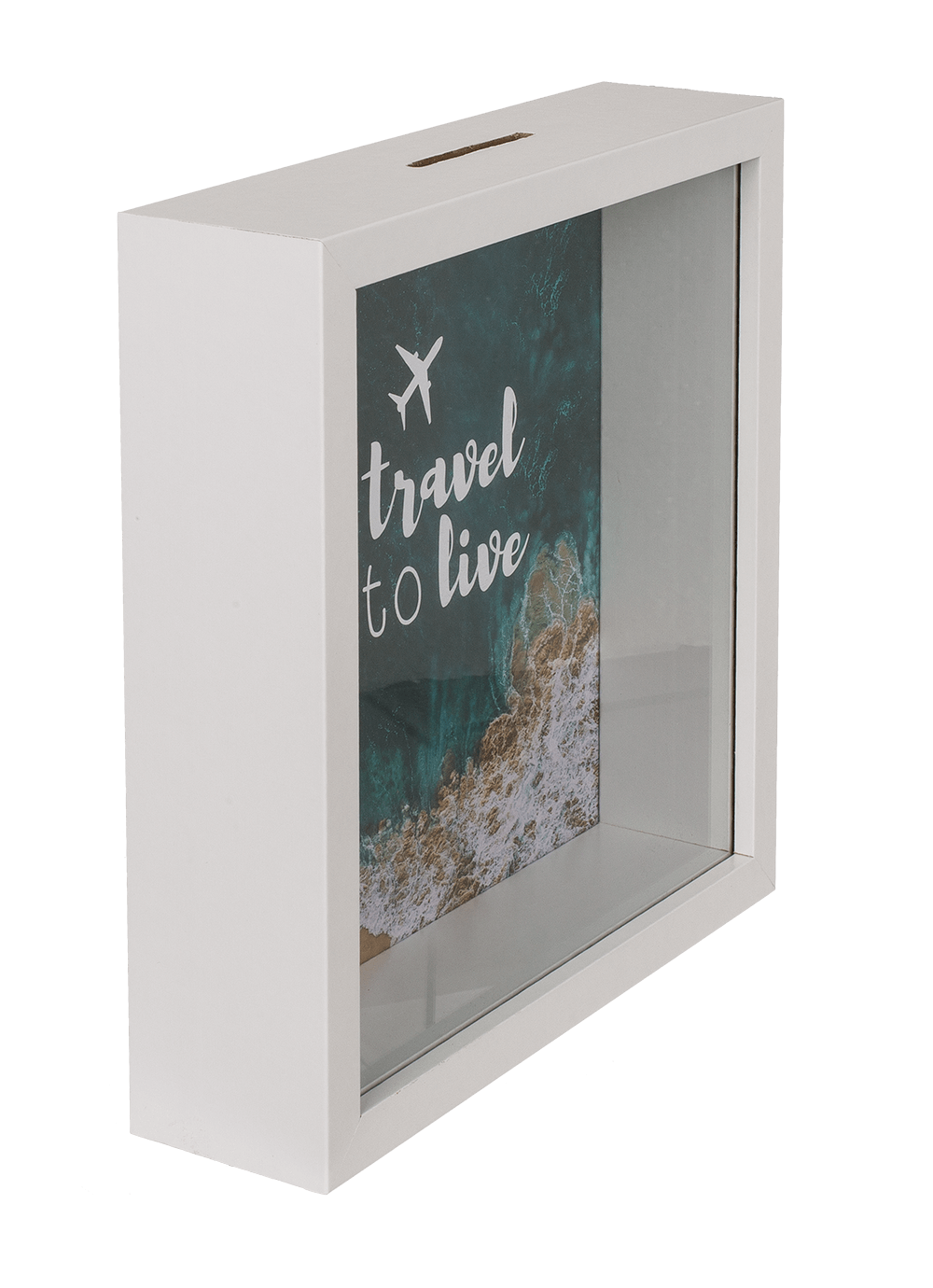 Wooden saving box, To travel is to live,