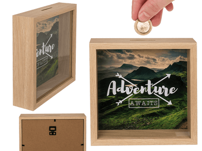 Wooden saving box, Adventure awaits,