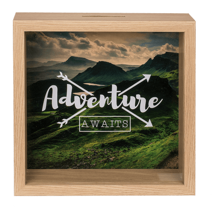 Wooden saving box, Adventure awaits,