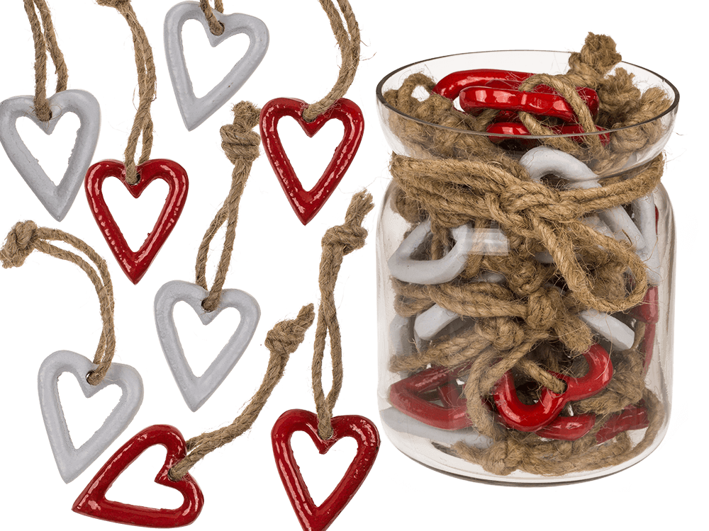 Metal hearts with jute rope, 10 x 10 x 12cm,