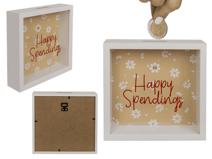 Wooden saving Bank, Happy Spendings,