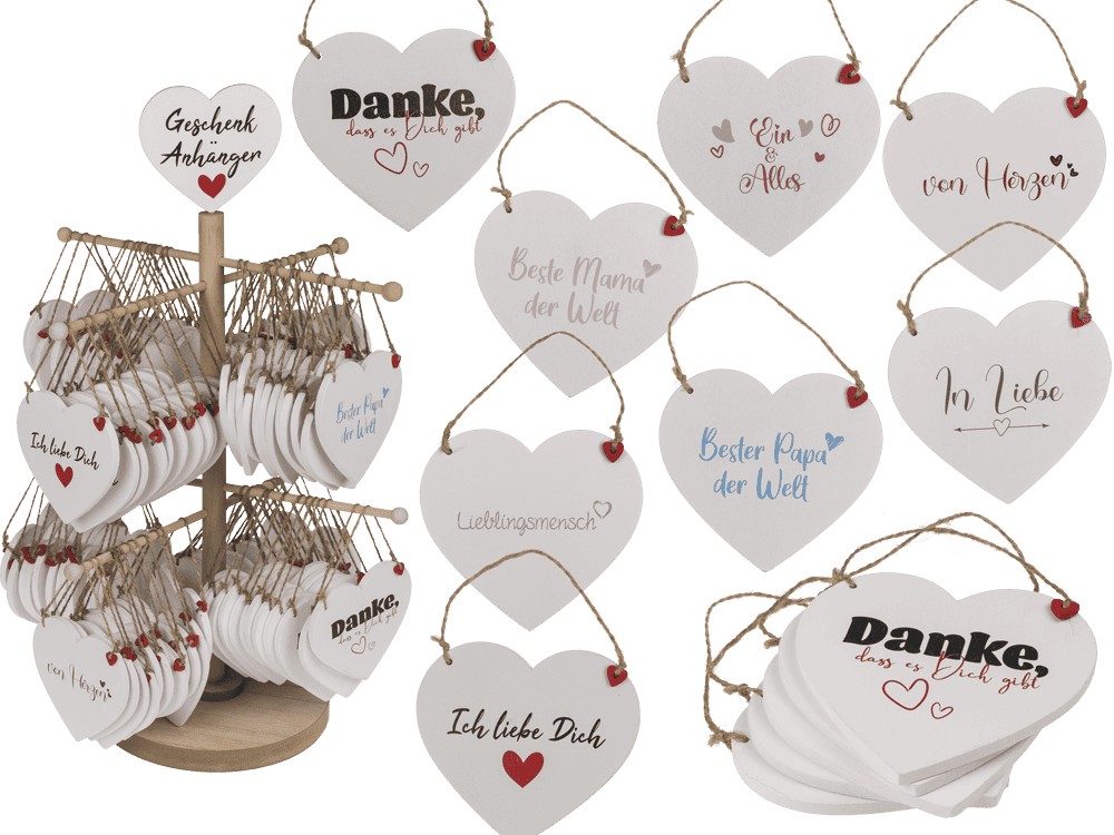 144490_000.png Houten harten met teksten, 10,5 x 9,5 cm, 8 varianten, 96 stuks per displaystand. Geschikt voor ophangen.