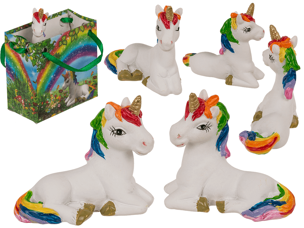Unicorn, in rainbow paper bag,