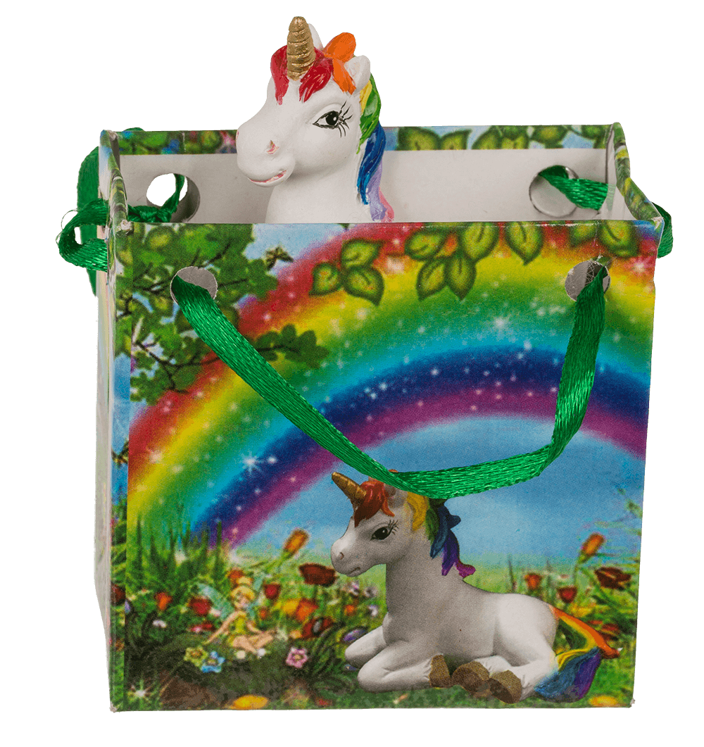 Unicorn, in rainbow paper bag,