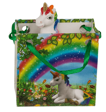 Unicorn, in rainbow paper bag,