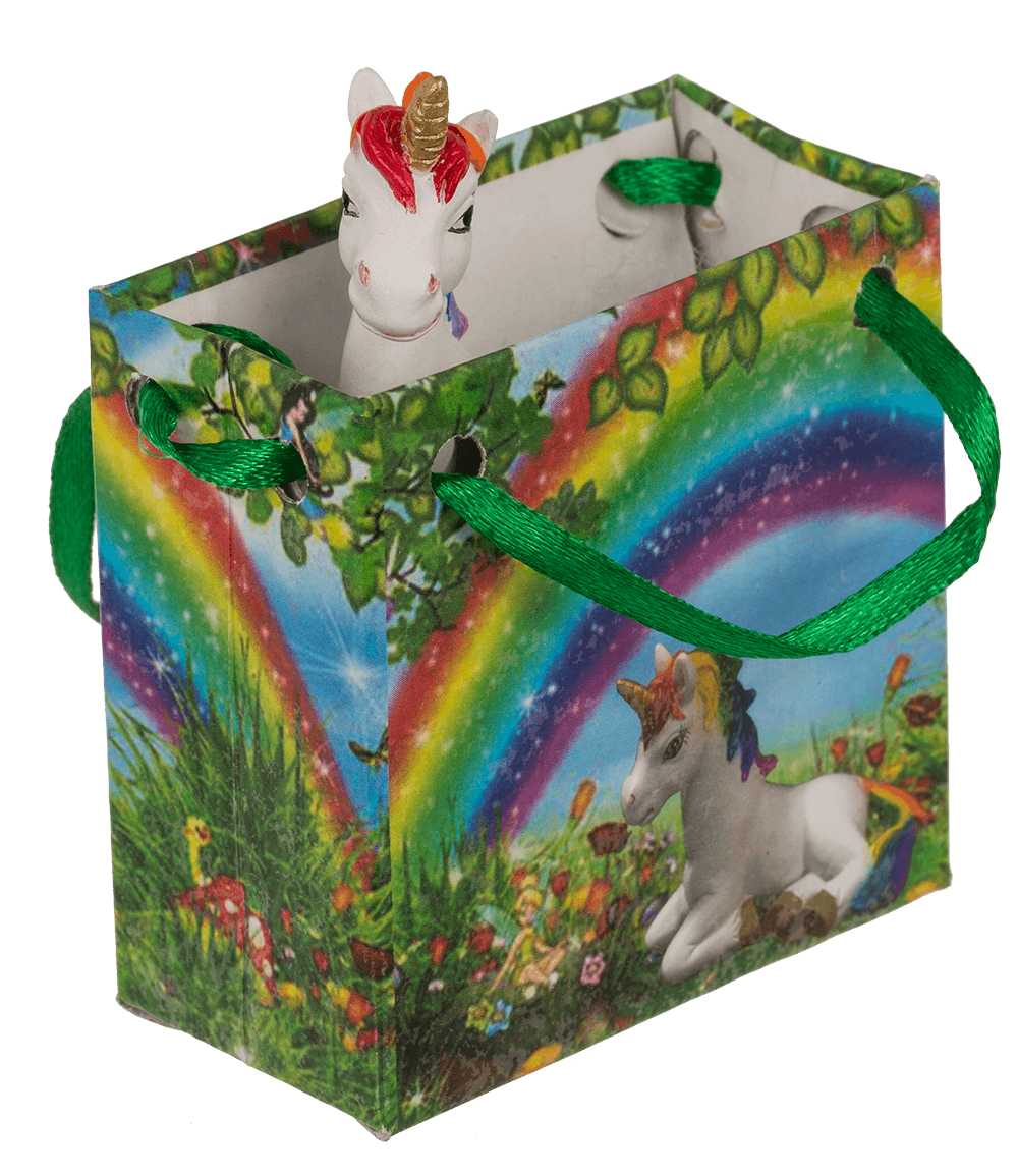 Unicorn, in rainbow paper bag,