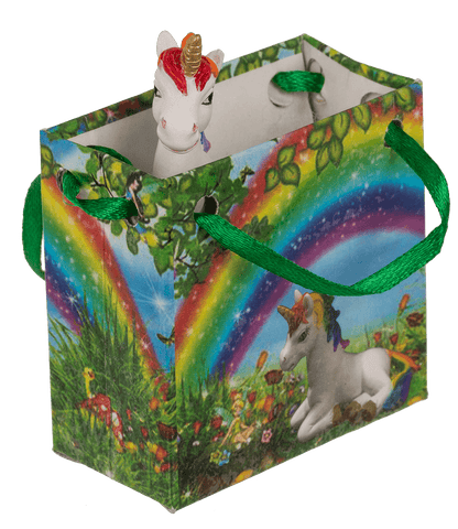 Unicorn, in rainbow paper bag,