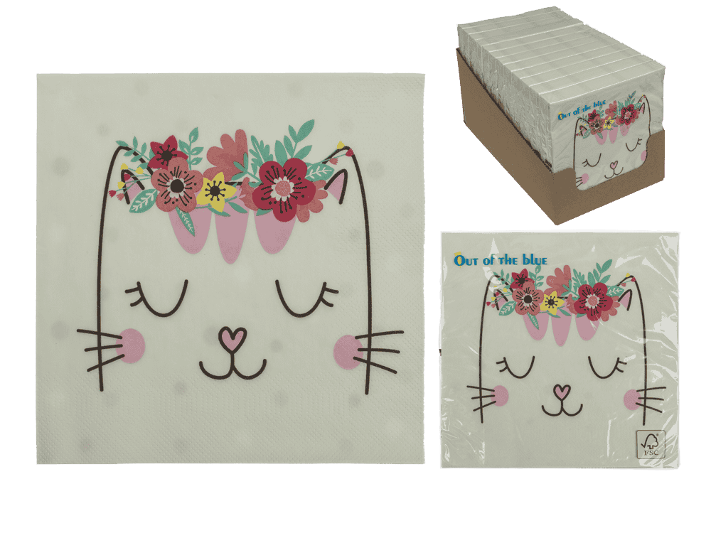 145325_000.png Papieren servetten met een schattige kat met bloemen, 33 x 33 cm, 20 stuks in polybag, 3-laags, FSC MIX.